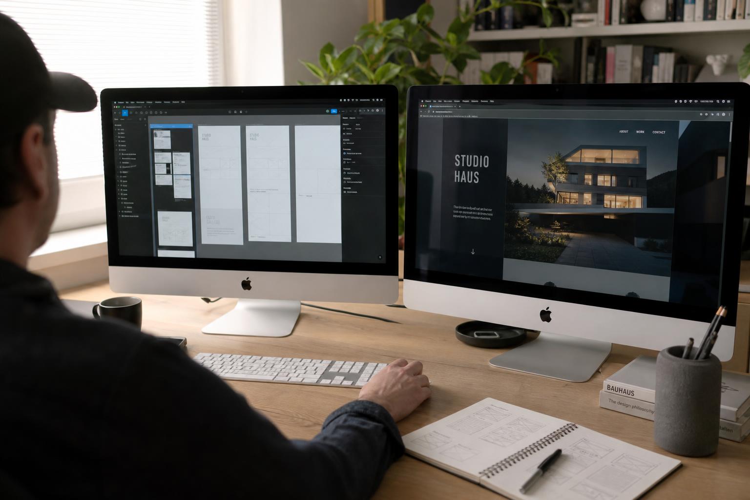 Outdated business website on an old CRT monitor next to a modern redesigned website on a MacBook